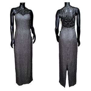 Scala Beaded Illusion Neck‎ Open Back Evening Gown Charcoal Grey Maxi Dress M